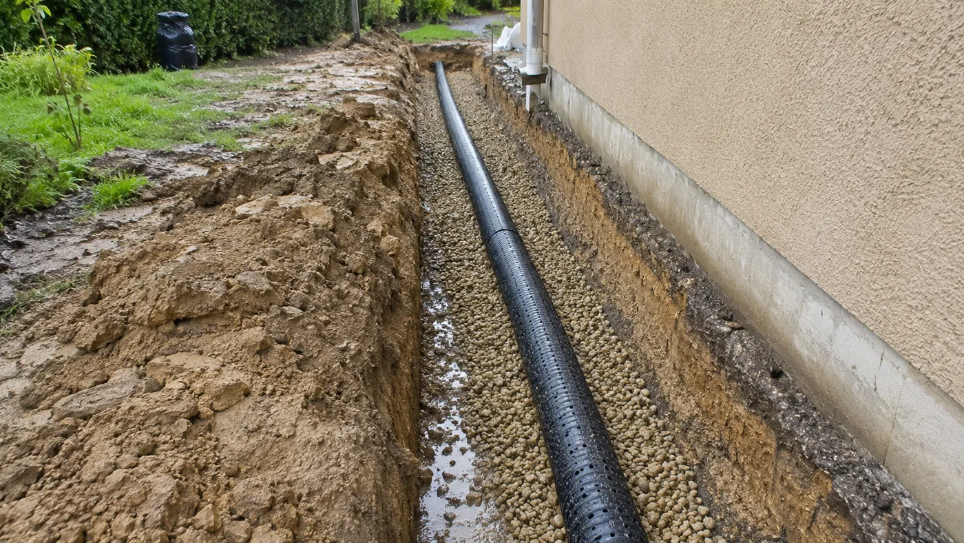 Drainage de terrain : pose d'un drain dans une tranchée de gravier près de Bordeaux